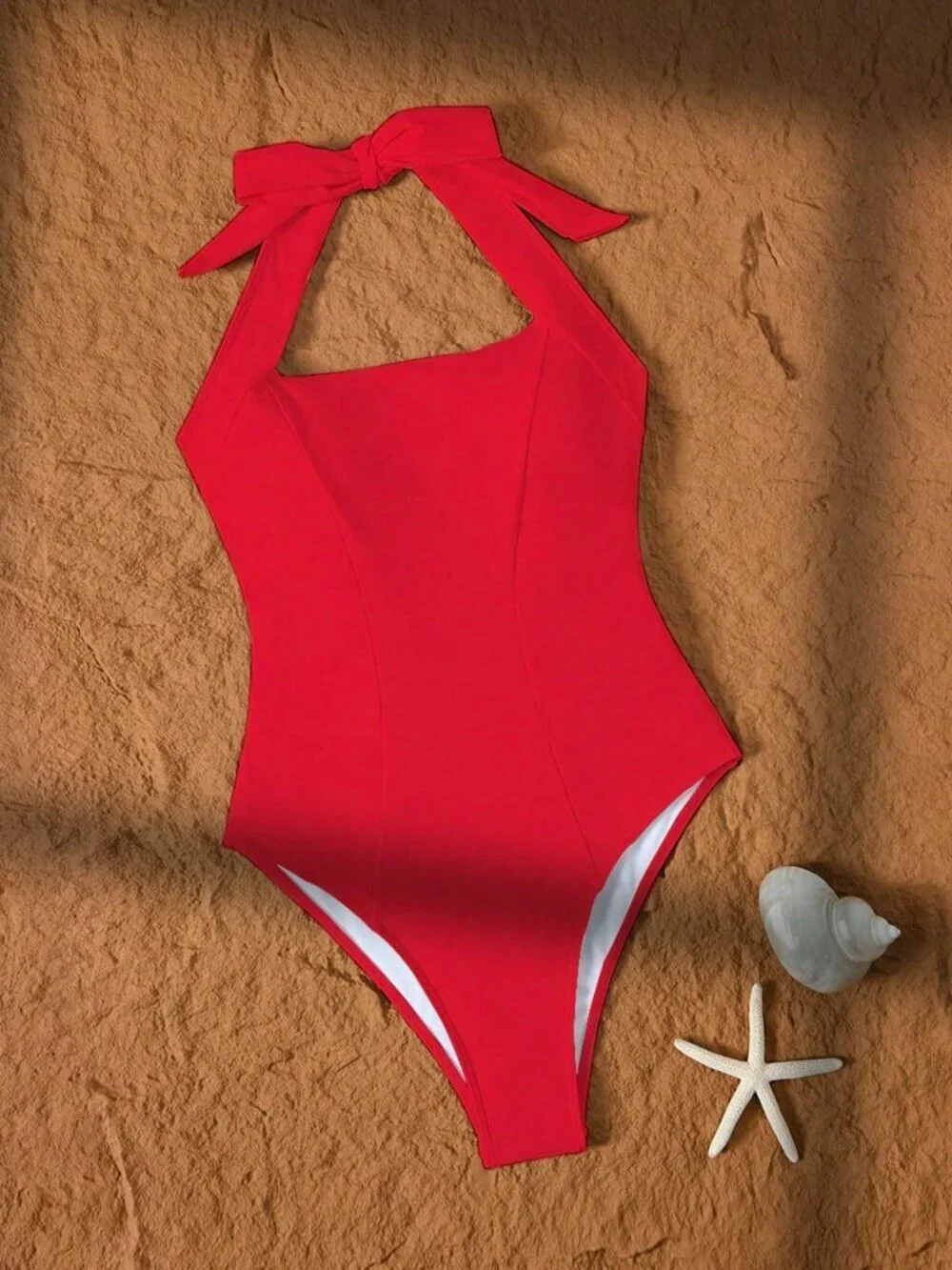 Red Casual Women's High Neck Tied One-Piece Swimsuit